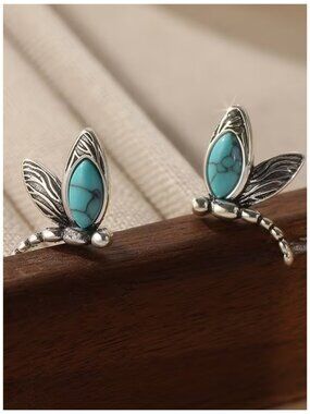 Dragonfly Post Earrings Silhouette Bohemian Style Silvery & Inlaid Turquoise